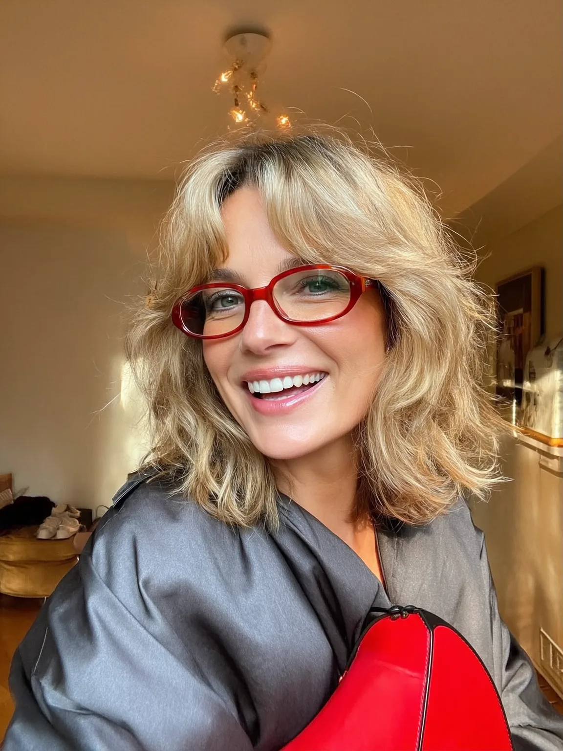 Layered Wavy Sandy Blonde Lob with Curtain Bangs